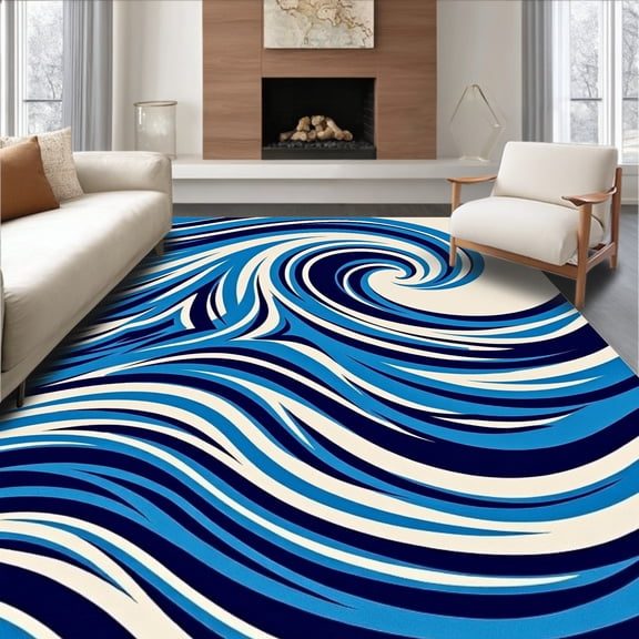 ODIKA 4'x6' Machine Washable Non-Slip Area Rug, Mystical Ocean Wave Nautical Decorative Flat Surface High Traffic Rug, Blue, 574626