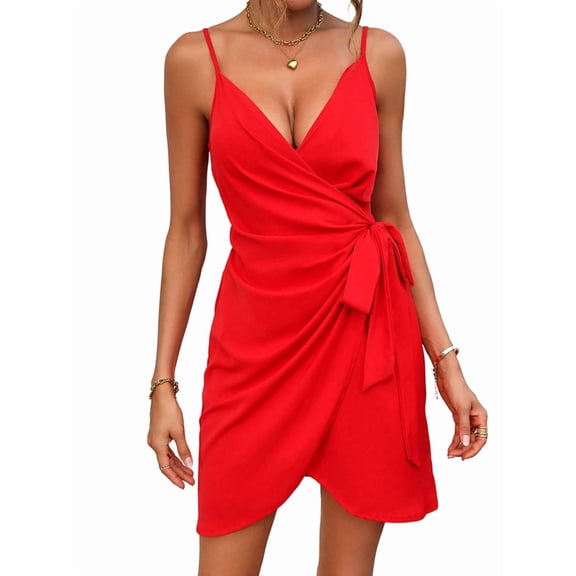 Jaimenalin Womens V Neck Tie Front Sleeveless Halter Midi Dress Fashion Summer Casual Party Outfit Red L