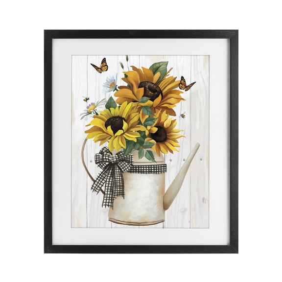 Stupell Industries Cottage Sunflower Trio in Watering Can Black Framed Print Under Glass, 13 x 16, by Lucca Sheppard