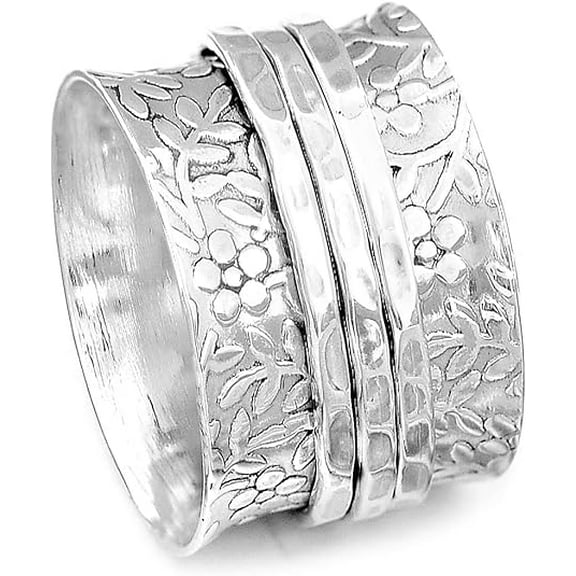 SS DESIGNS 925 Sterling Silver Spinner Flowers Ring for Women Fidget Anxiety Relief Ring Band