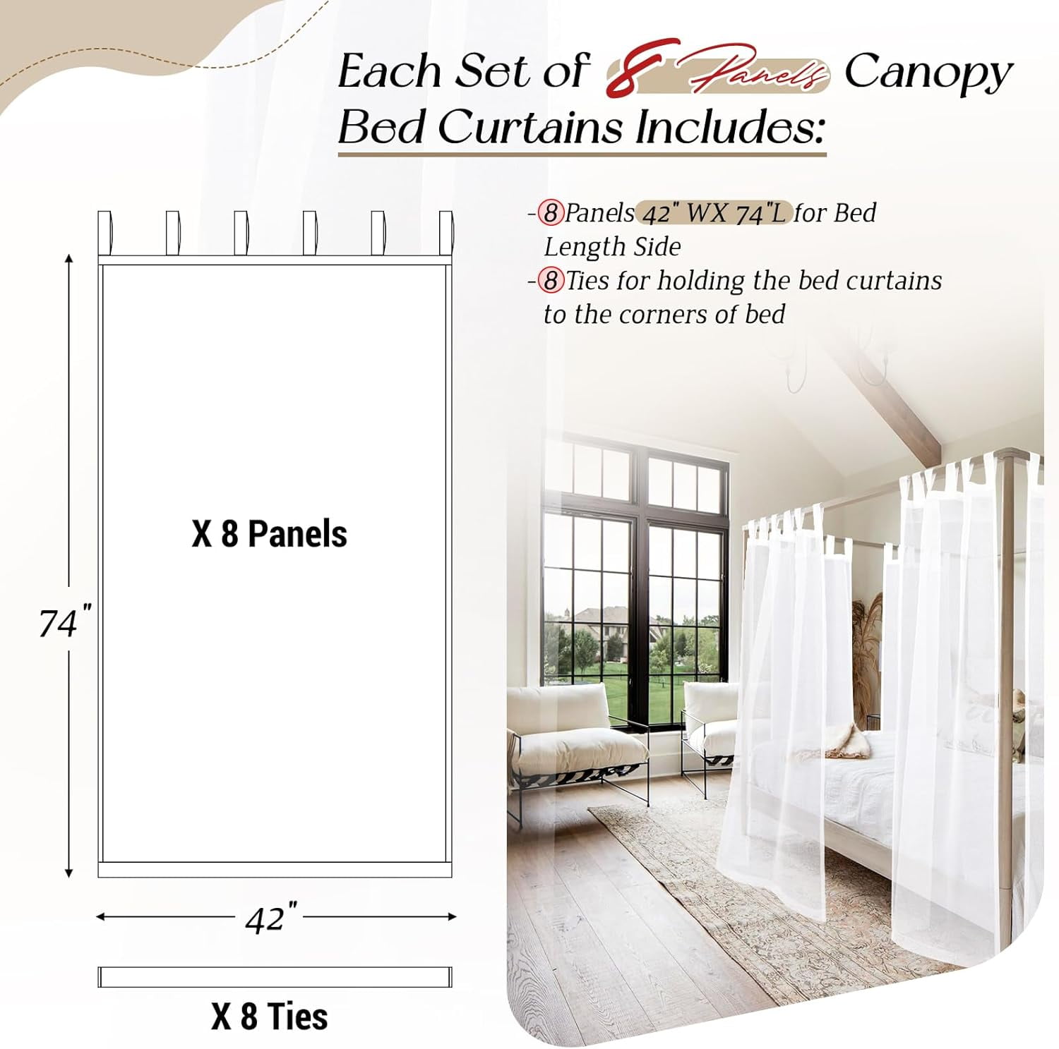 8 Panels Canopy Curtains White Canopy Bed Curtains for King Full/Queen and Twin Bed Frame,Eight Poster Bed Canopy Curtains Drapes,Sheer Canopy Bed Drapes with Top and Self-Adhesive Velcro (42"x74")