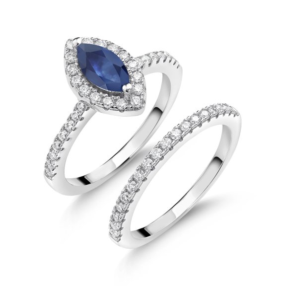 Gem Stone King 925 Sterling Silver Ring Marquise Blue Sapphire and Moissanite (1.15 Cttw, Size 6)