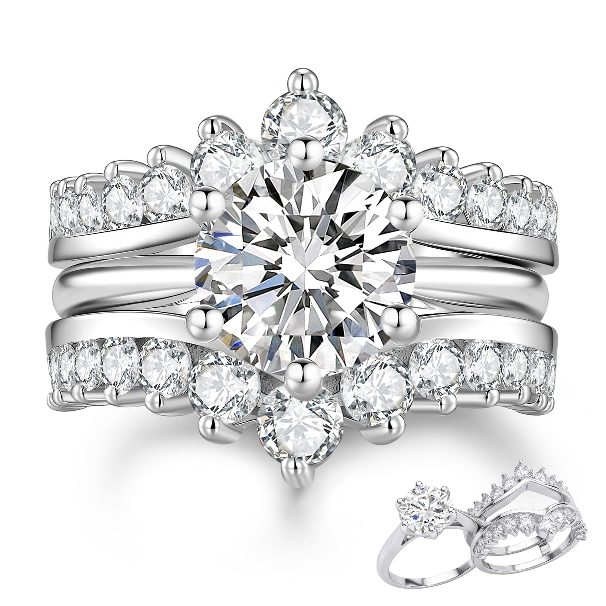 SFTING Wedding Rings for Women Moissanite 3CT Round Cut Engagement Ring Enhancer Silver Plated Wedding Band Size 7