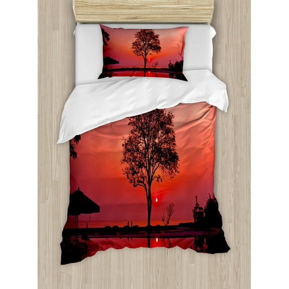 Sunrise Duvet Cover Set, Silhouette of Misty Twilight Sky with Tree and Nature Reflections Exotic Image, Decorative 2 Piece Bedding Set with 1 Pillow Shams, Twin Size, Black Ruby, by Ambesonne
