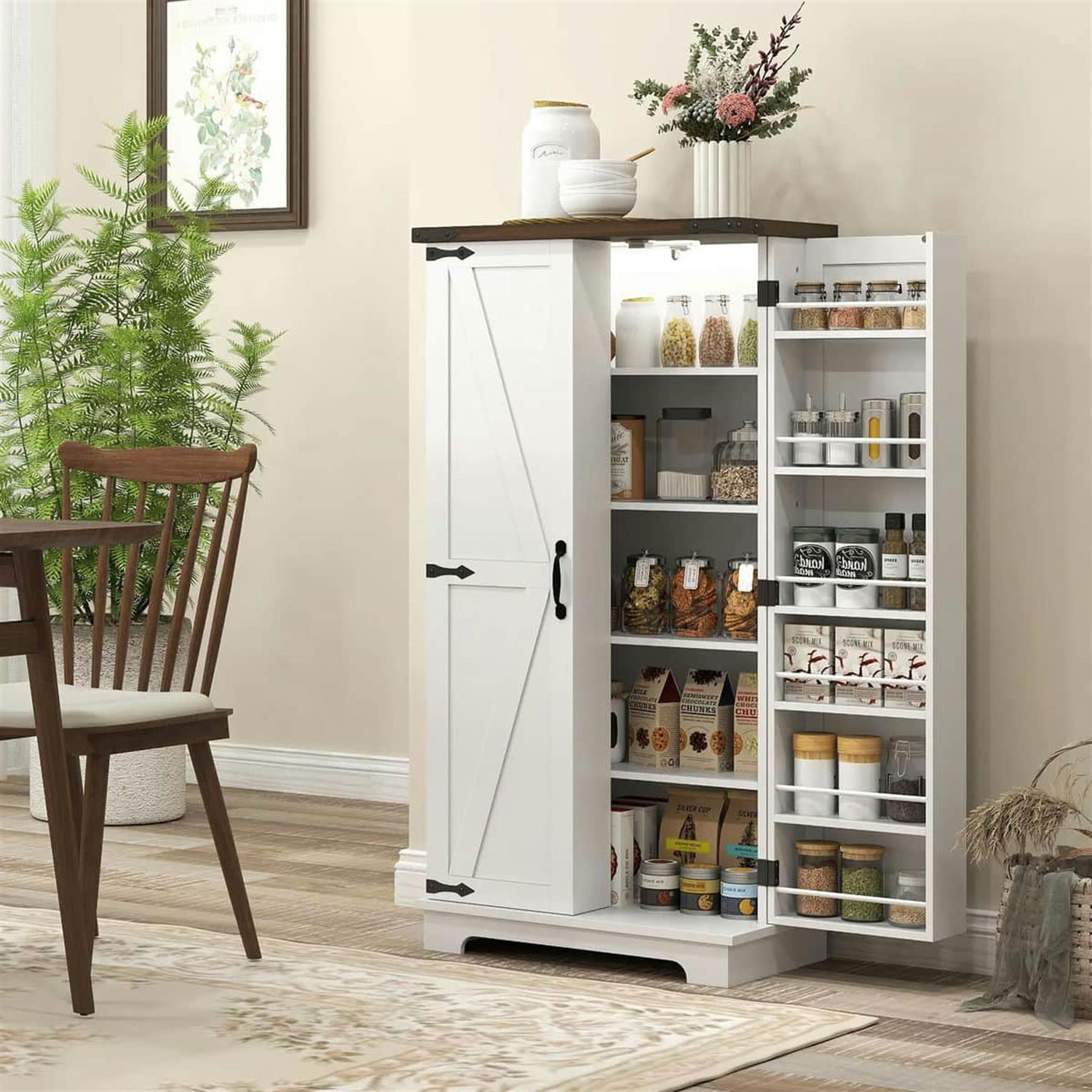 Demi Bonn 47" LED-Lit Kitchen Pantry Cabinet with Sliding Doors, Adjustable Shelves for Modern Kitchens, White