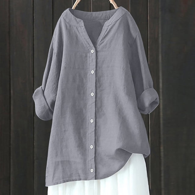 Meichang Womens Cotton Linen Tops Plus Size Button Down V Neck Long Sleeve Roll Up Shirts Basic Solid Loose Fit Tops Dressy Blouses Gray M