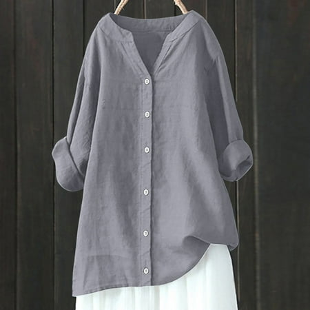 Sokhug Women s Cotton Linen Button Down Shirts Summer Blouse Long Sleeve V Neck Loose Gauze Tunic Casual Beach Clothes