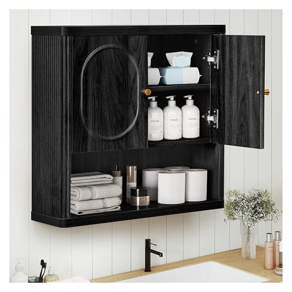 Bathroom Wall Storage Cabinet Hanging, Fluted Medicine Cabinet with Doors, Wall Mounted Cupboard with Adjustable Shelf, Wood Over The Toilet Storage Cabinets for Kitchen, Bathroom,Black