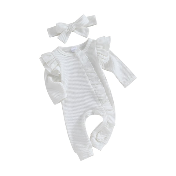 BemeyourBBs Baby Girl Going Home Outfit Newborn Baby Girls Ruffle Romper Waffle Knit Jumpsuit Long Sleeve Zipper Romper Solid Fall Winter Clothes