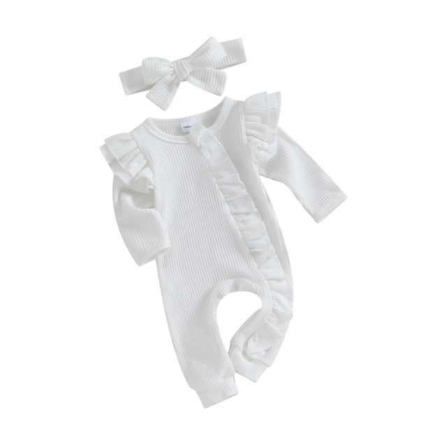 ZAXARRA Girls' Autumn Waffle Jumpsuit Headband Solid Round Neck Flight Sleeve Ruffle Edge Zipper Hooded Bow