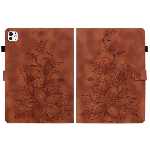 FJLBDE Case for iPad Pro 11 Inch (M4 2024/M5 2025), Embossed Flower PU Leather Flip Wallet Folio Stand Cover, Brown