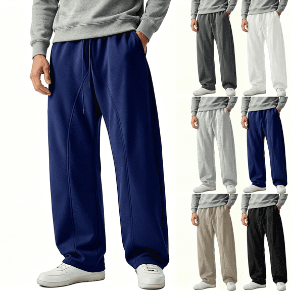 Liuinsasek Men's Sweatpants Loose Wide Leg Pants Solid Color with Pockets Drawstring Elastic Waist Stylish Versatile Long Pants