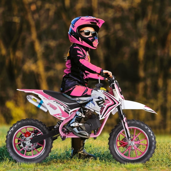 Meoldis 50cc Kids Dirt Bike, 2-Stroke Gas Powered Dirt Bike for Kids, Pink Off-Road Motorcycle with Front & Rear Disc Brakes, Max 25MPH, Ideal Gift for Boys & Girls