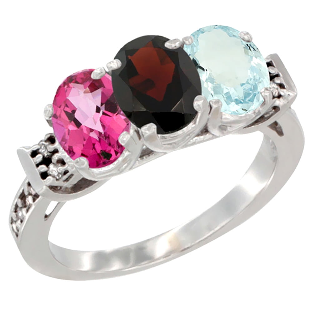10K White Gold Natural Pink Topaz, Garnet & Aquamarine Ring 3-Stone Oval 7x5 mm Diamond Accent, sizes 5 10 by WorldJewels