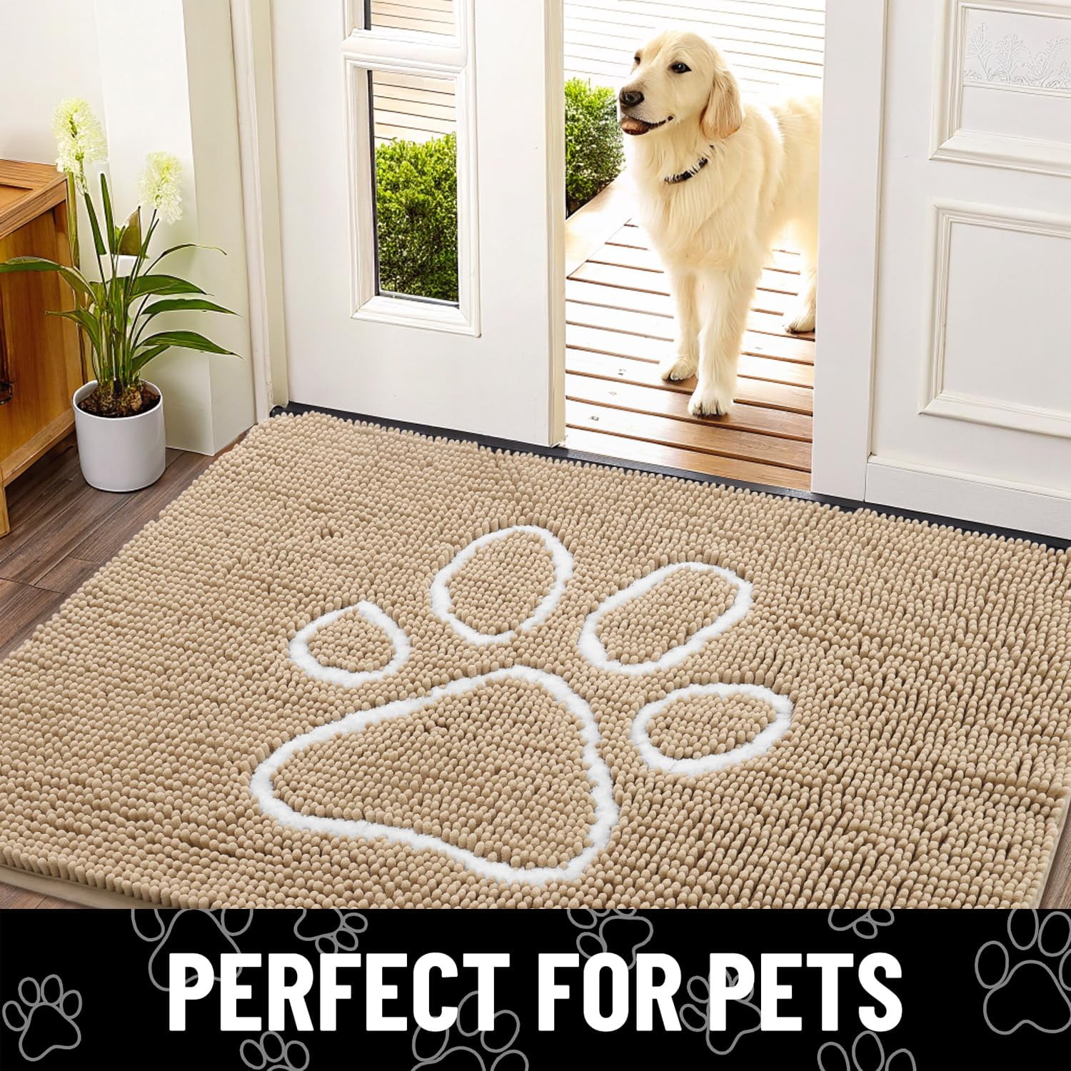 Buganda Dog Door Mats for Muddy Paws, Washable Dirt Trapper Front Door Rugs, Non-Slip Absorbent Chenille Indoor Doormats(36"x24", Beige)