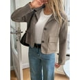 thumbnail image 4 of Women'S Casual Blazer Jacket Notched Lapel Single Breasted Faux Suede Leather Suit Jacket Khaki M, 4 of 8