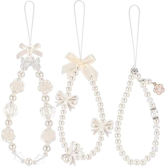 HWZWT 3 Pcs Phone Wrist Strap Beaded Pearl Butterfly Cell Phone Charm Strap Cute Flower Lanyard for Camera Keychain Wallet Pendant Decor