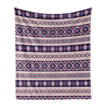 Aztec Soft Flannel Fleece Throw Blanket, Aboriginal and Geometric Silhouettes with Dots, Cozy Plush for Indoor and Outdoor Use, 50" x 70", Champagne Dark Purple, by Ambesonne