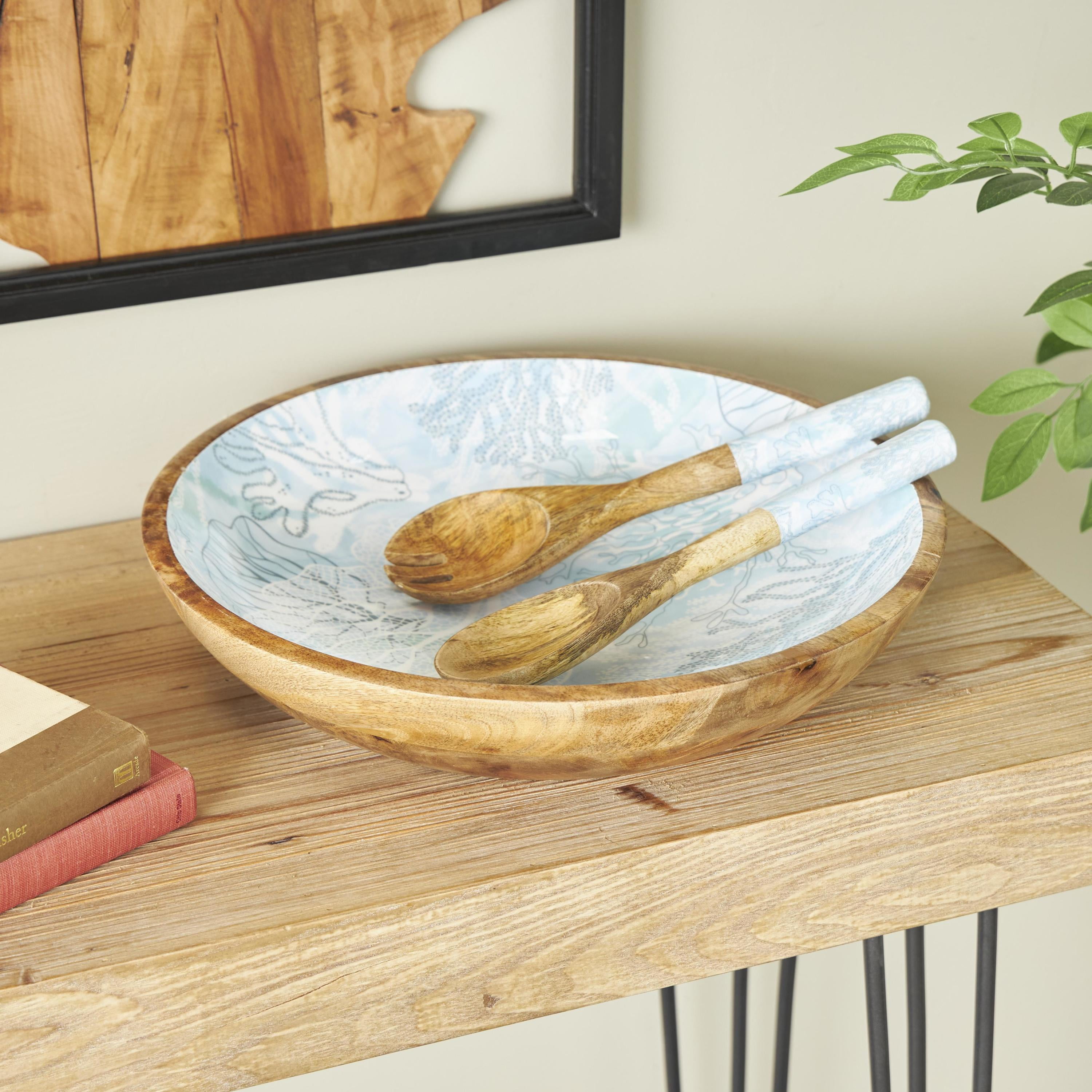 DecMode 15", 11", 11"W Handmade Round Light Blue Mango Wood Decorative Bowl with Matching Salad Serving Utensils, Set of 3