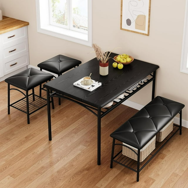 Dining Table Set for 4 with Upholstered Bench, Stools & Storage, Rustic Metal & Wood