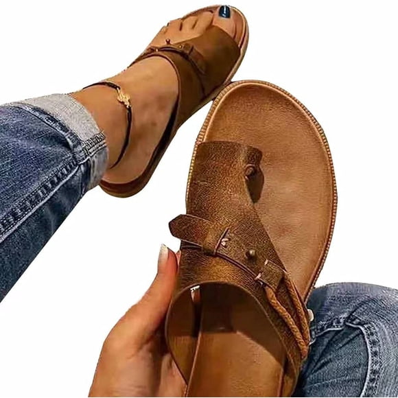 ORUYROP Women's Orthopedic Correction Leather Ring Toe Casual Bunion Slippers Summer Casual Beach Sandals Flat Heel Flip Flops