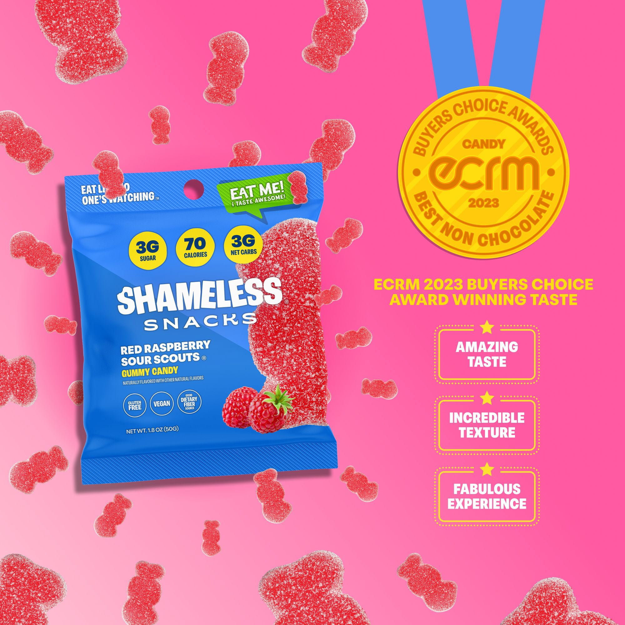 Shameless Snacks Red Raspberry Sour Scouts - Sour Candy & Fruit Snacks, Raspberry Gummy Candy, Keto Snacks in Bulk, 3g Sugar Gluten Free Vegan for Adults
