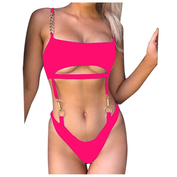 Hinvhai Plus size Swimsuits clearance Women's Bikini Solid Set Swimsuit One Piece Filled Bra Swimwear Beachwear Hot Pink S(S)