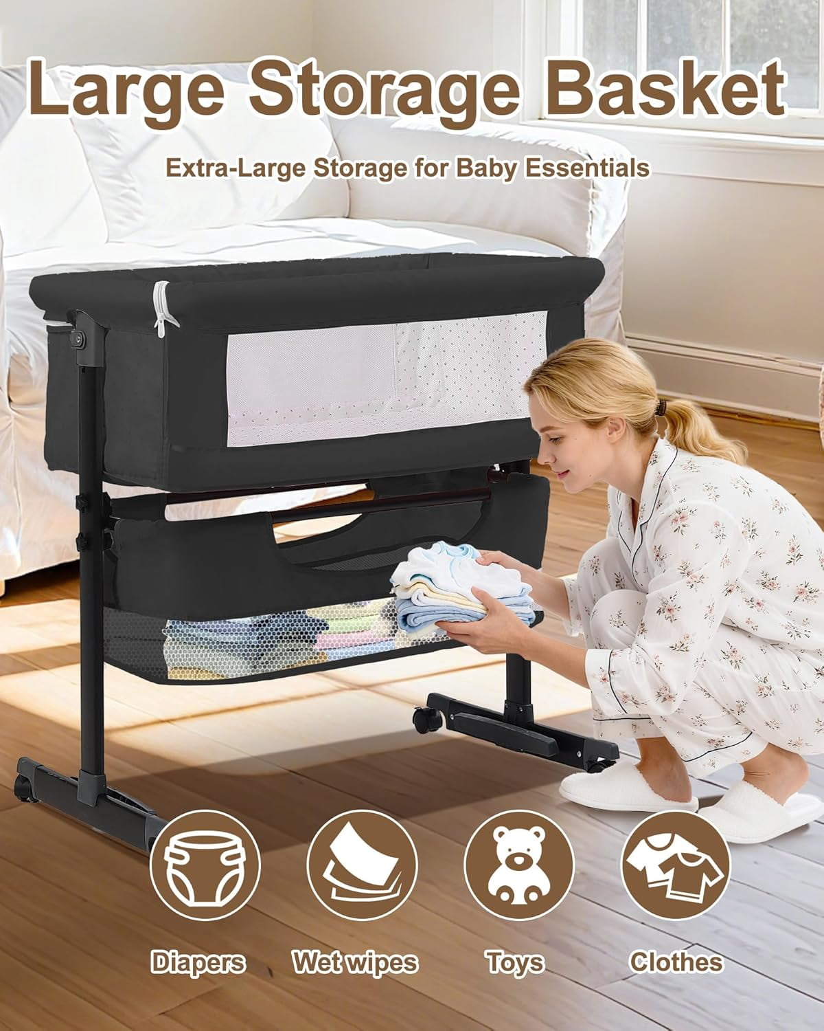 Baby Bassinet Bedside Sleeper - 3 in 1 Adjustable Height Bedside Bassinet with Breathable Mesh, Wheels & Storage Basket and Bag, Portable Folding Baby Cradle for Infants & Newborns, Black