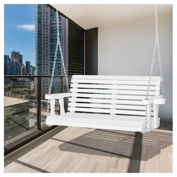 46" Porch Swing, 2 Person Patio Swing Bench, Wooden Outdoor Swing with Cup Holders, 440lb Capacity, White