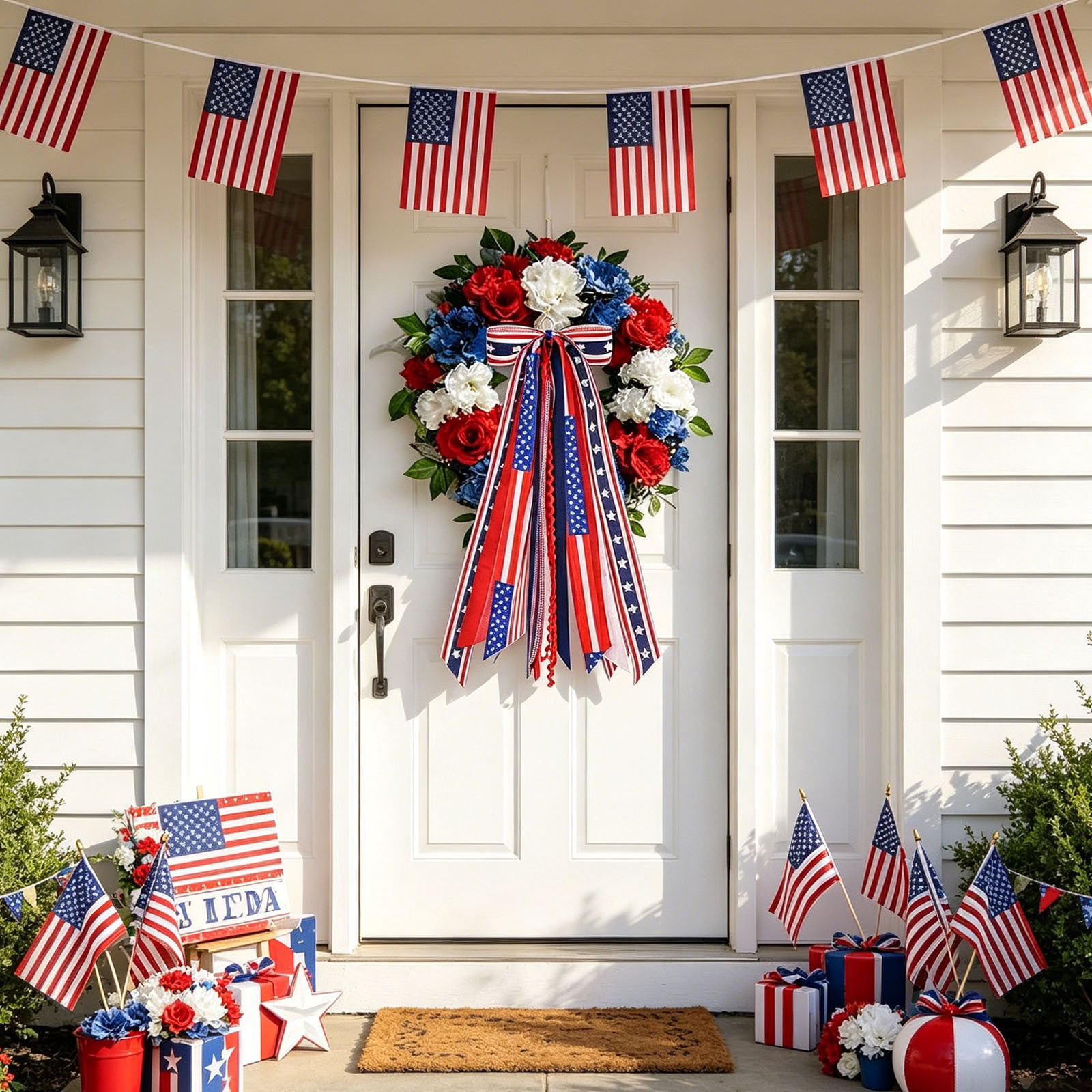 Patriotic Wreath Sash for Front Door with Star Charm, Assorted Ribbon Bundle Red White Blue, 4th of July Clip On Bow for Indoor Outdoor Memorial Day Independence Day Decor 2 Pcs