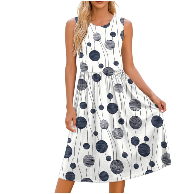 TaTaai Women's Summer Casual Dress Sleeveless Pocket Swing Dress Round Neck Lightweight Breathable Cotton Printed Sundress for Daily Wear Gift