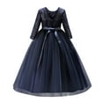 thumbnail image 3 of IBTOM CASTLE Flower Girls 3/4 Sleeve Deep V-Back Tulle Vintage Lace Wedding Party Long Dress Formal Princess Communion Pageant Maxi Gown 5-6 Years Navy Blue, 3 of 8
