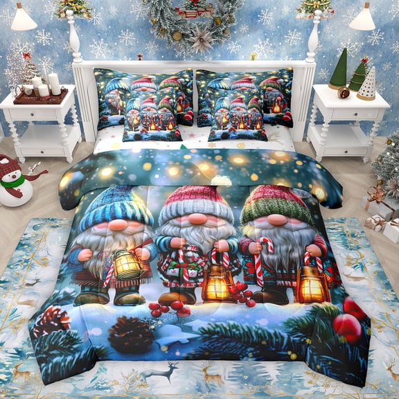 Homewish Cartoon Santa Claus Twin Bedding Sets 7-Piece for Child, Winter Christmas Bedding Comforter Set, Kawaii Gnome Reversible Sheet Sets, Microfiber Bedroom Decor