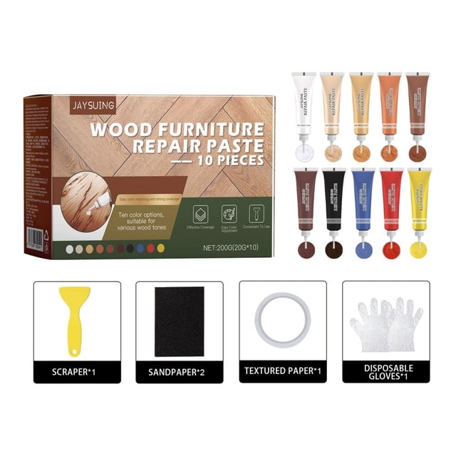 Trousse de Pâte de Réparation pour Meubles en Bois - 10 Pcs 200 g de Remplissage pour Égratignures et Fissures, Comprend Couteau à Pâte et Papier Sablé, Solution de Restauration des Couleurs