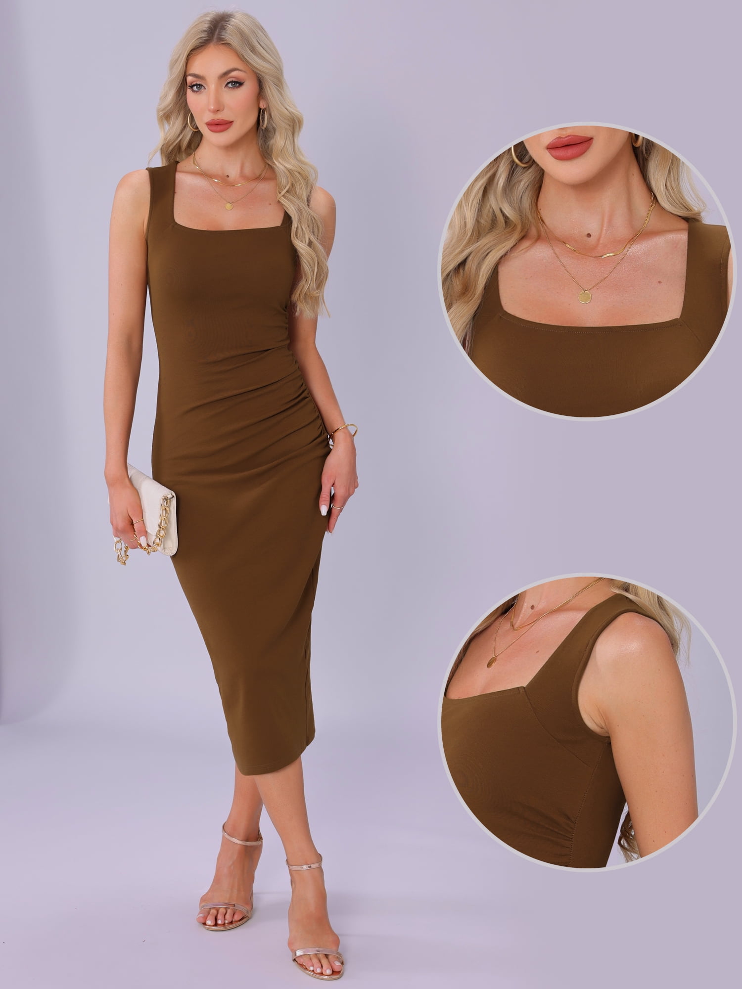 DARING DIVA Square Neck Waisted Ruched Tank Midi Dress L Brown