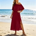 thumbnail image 2 of THDHVS Long Dresses for Women,Solid Color One Shoulder Dress with Cross Waist Elastic Hem Split Hem Pocket Design Casual Beach Summer Outfit,Summer Dress Wine M, 2 of 10