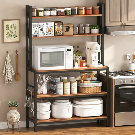 NAIYUFA Kitchen Bakers Rack with Storage Shelves,5-Tier Free Standing Storage Shelf Rack with Hooks,Industrial Microwave Stand Shelf for Dining Room