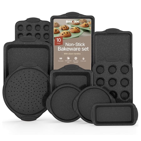 Bakken- Swiss Kitchen Baking Pan Set - Nonstick Coating, Carbon Steel Bakeware Sets with Gray Silicone Handles, Baking Kitchen Essentials, Oven Safe Tray (Up To 450° F), Set of 10