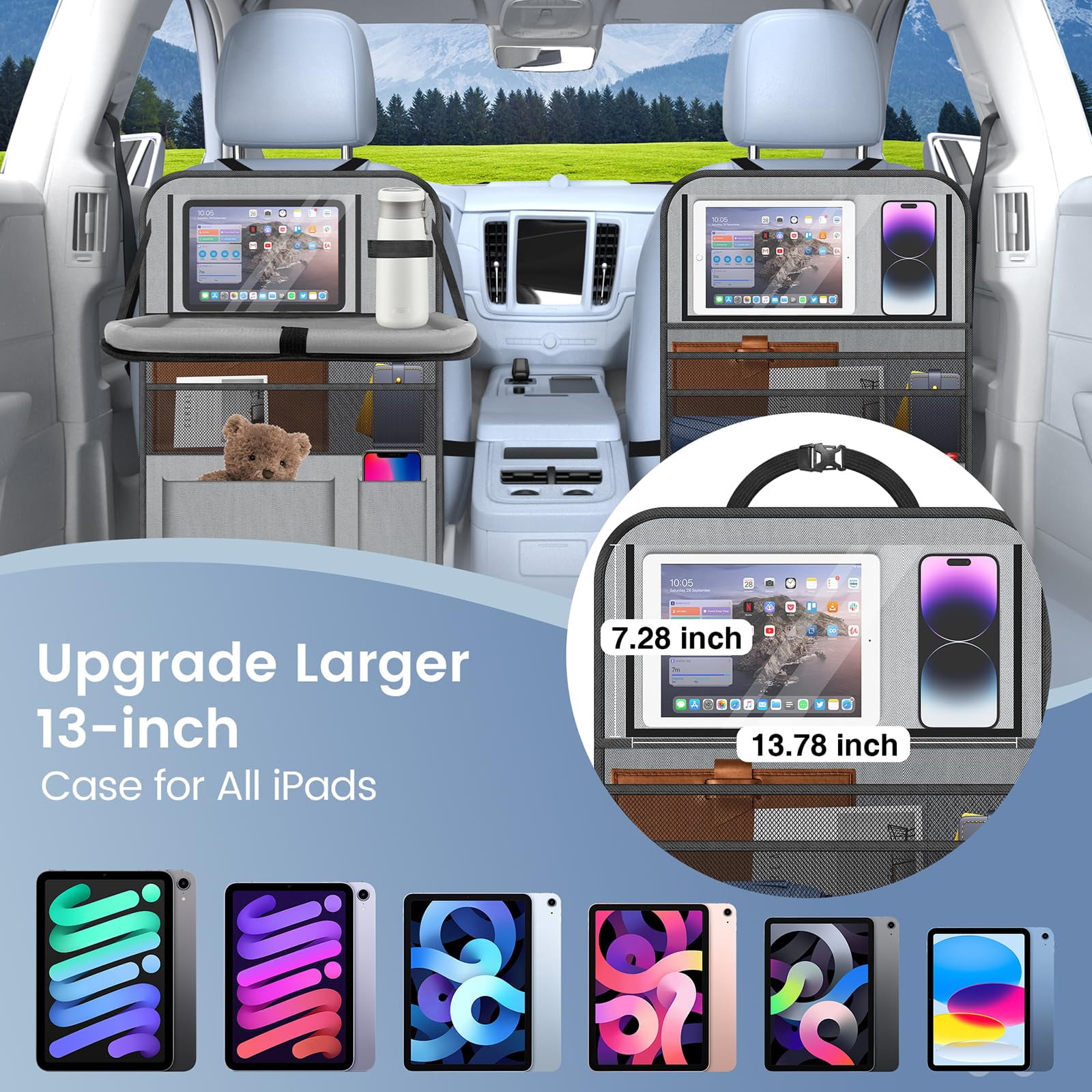 2-Pack Car Backseat Organizer with Table Tray,Supports up to 22 lb,9 Storage Pockets with Touch Screen Tablet Holder,foldable Food Tray, Protective Kick Mats,Travel Accessories Organizer,Gray