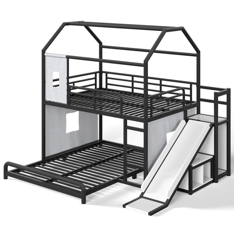 Full Over Full Metal Bunk Bed with Slide, Ladder, LED Light, Privacy Curtain and Movable Storage Cabinet, House-Shaped Kids Bunk Bed with Hanging Rod, No Box Spring Required