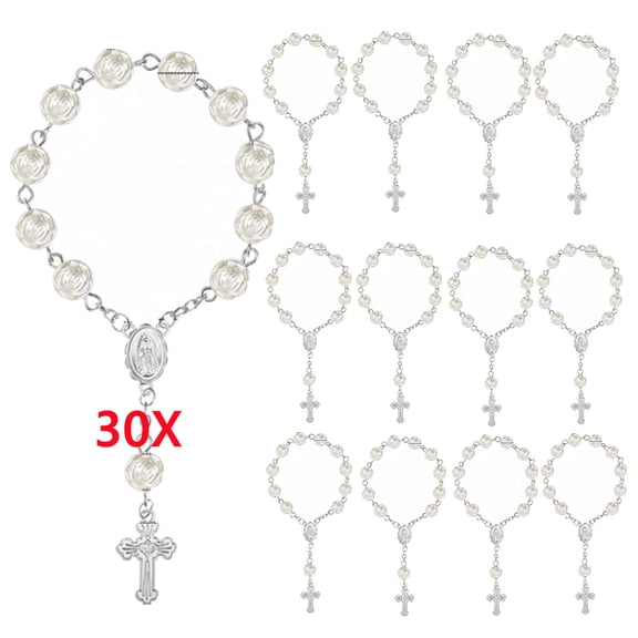 30PCS Mini Rosaries Baptism Rosary Beads Acrylic Ivory Color Finger Baptism Rosaries Faux Pearls with Organza Bags for Christening Weddings Party Favors