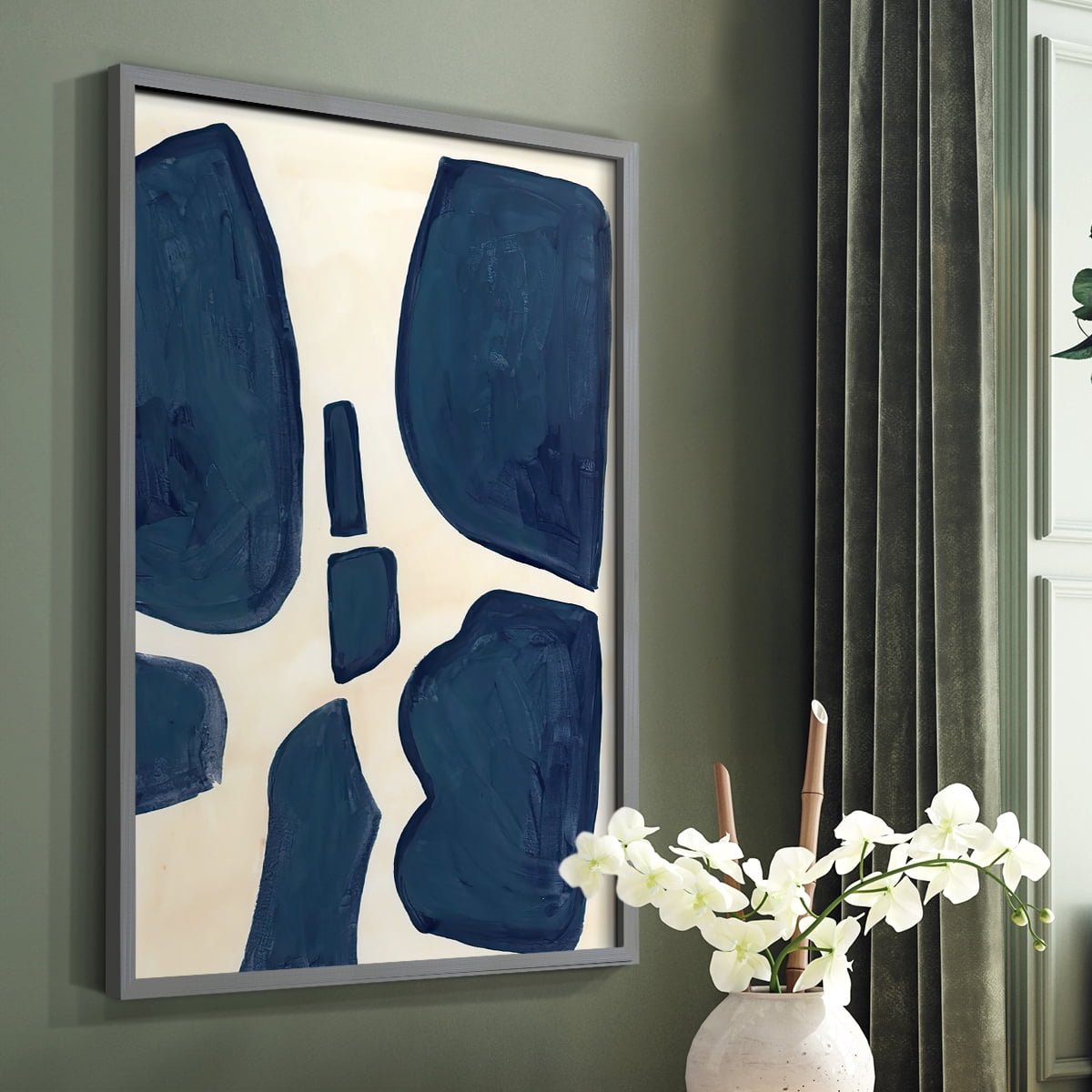 Blue Pieces II Framed Print in Gray Solid Wood Framed Print No Nail Hanging