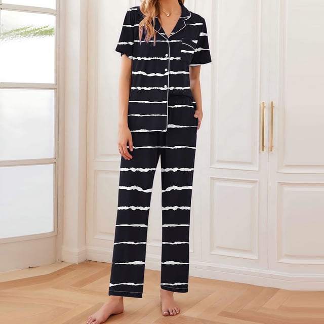 Pijama de manga corta con estampado de rayas para mujer, pantalón largo y fino, con solapa, de poliéster, para mujer