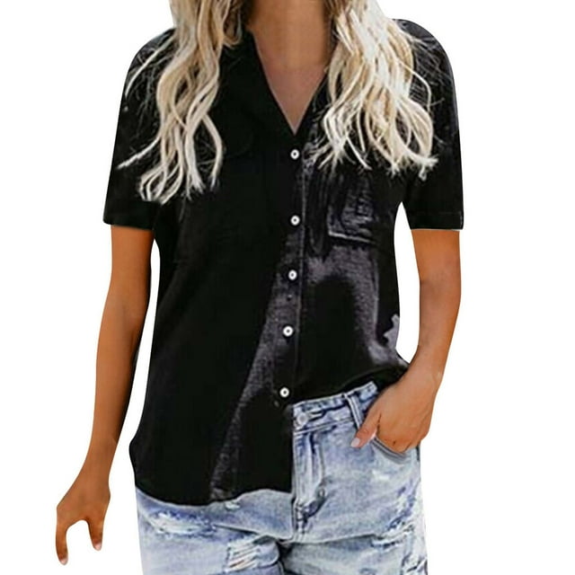 Camiseta de algodón de manga corta con cuello en V sólido informal elegante para mujer OAVQHLG3B Store lin121212