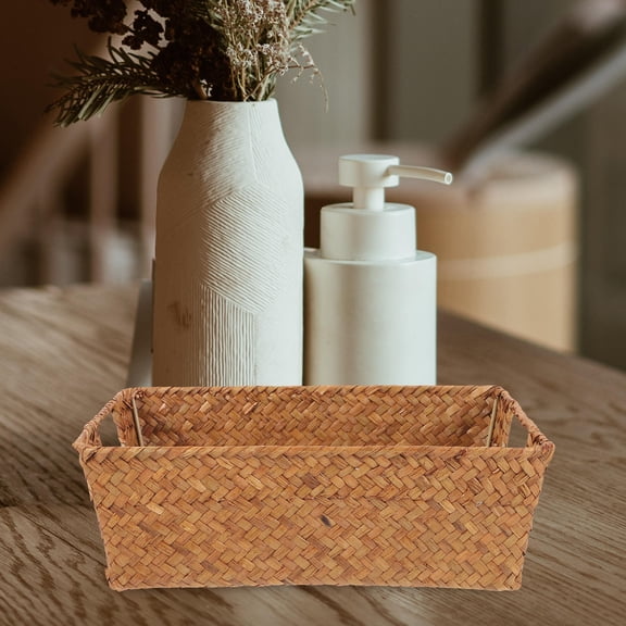 Soimiss Khaki Seagrass Woven Basket for Storage Use with Cutout Handles