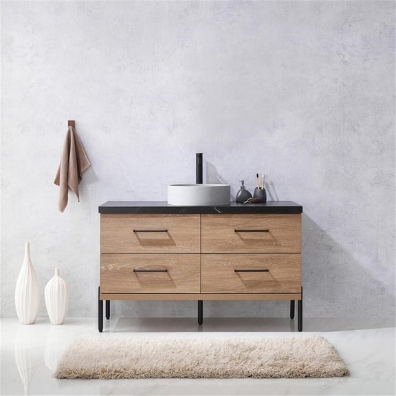Trento 48" Black Sintered Stone Top Concrete Sink North American Oak Bath Vanity