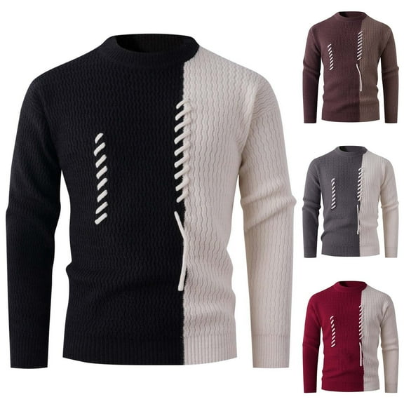 Kilaqueen Color Patchwork Mens Sweater Classic Cable Knitted Pullover Sweater Comfort Twisted Oversized Sweaters Drawstring Fall Warm Jumper Tops