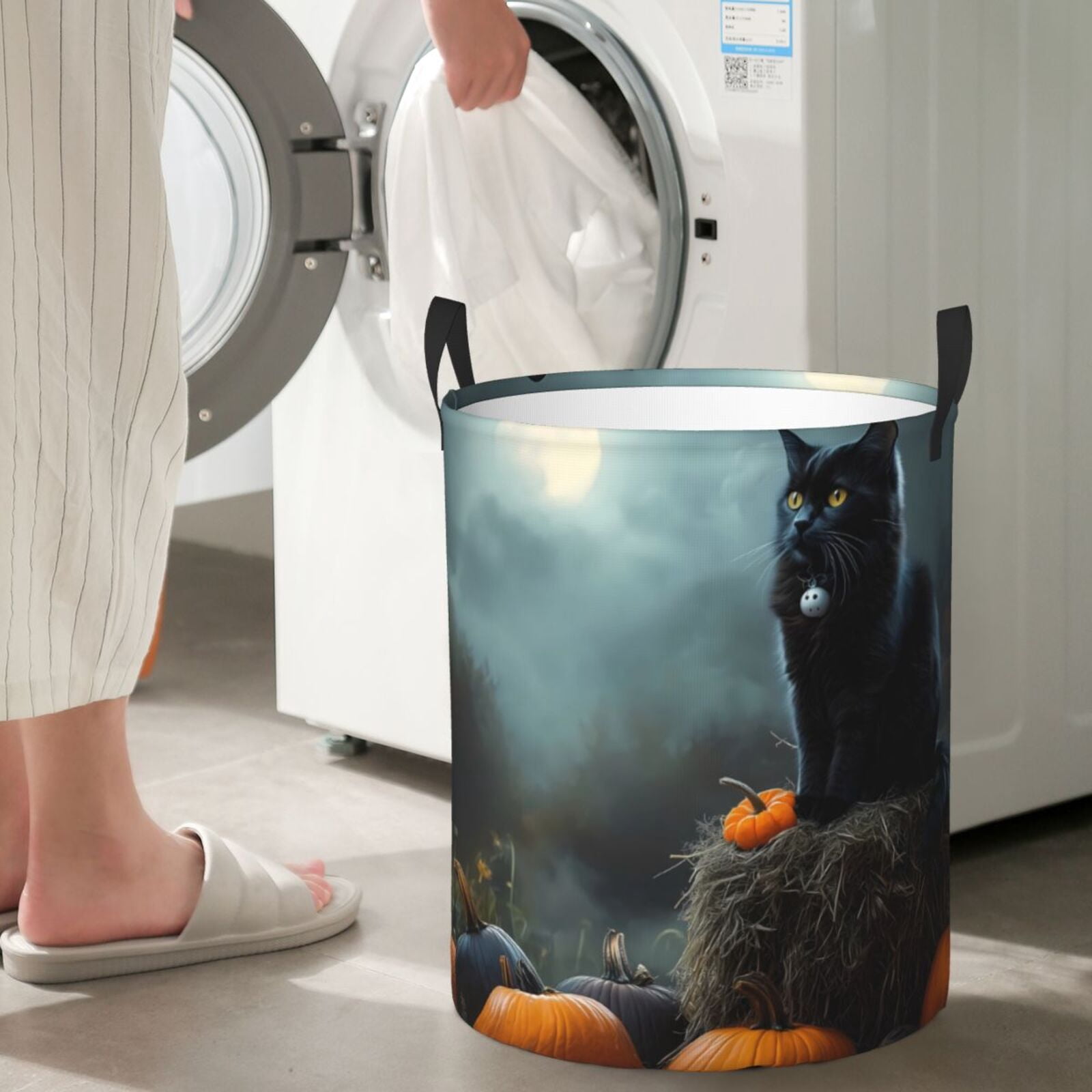 Large Laundry Basket with Handles - Halloween Pumpkin Black Cat A Kids Baby Dirty Clothes Laundry Hamper for Bedroom Aesthetic