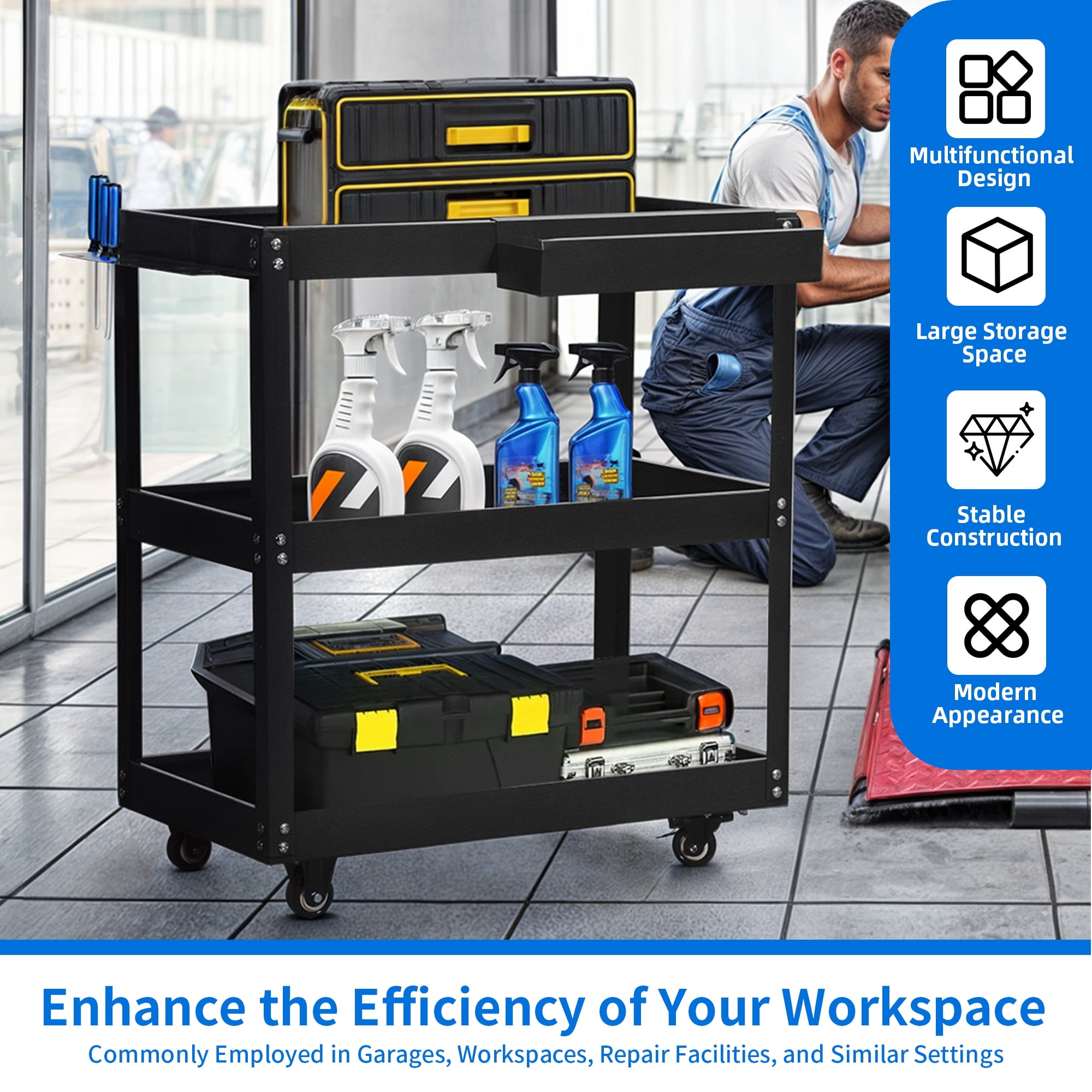 Uforic 3-Tier Metal Tool Cart, Rolling Service Cart with Hanging Board & Storage Box, Black