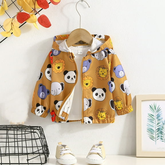 Avrntaa Fall Jacket for Boys - Casual Animal Printed Hooded Coat with Zipper Kids Lightweight Jacket Yellow Jacket Size 24M